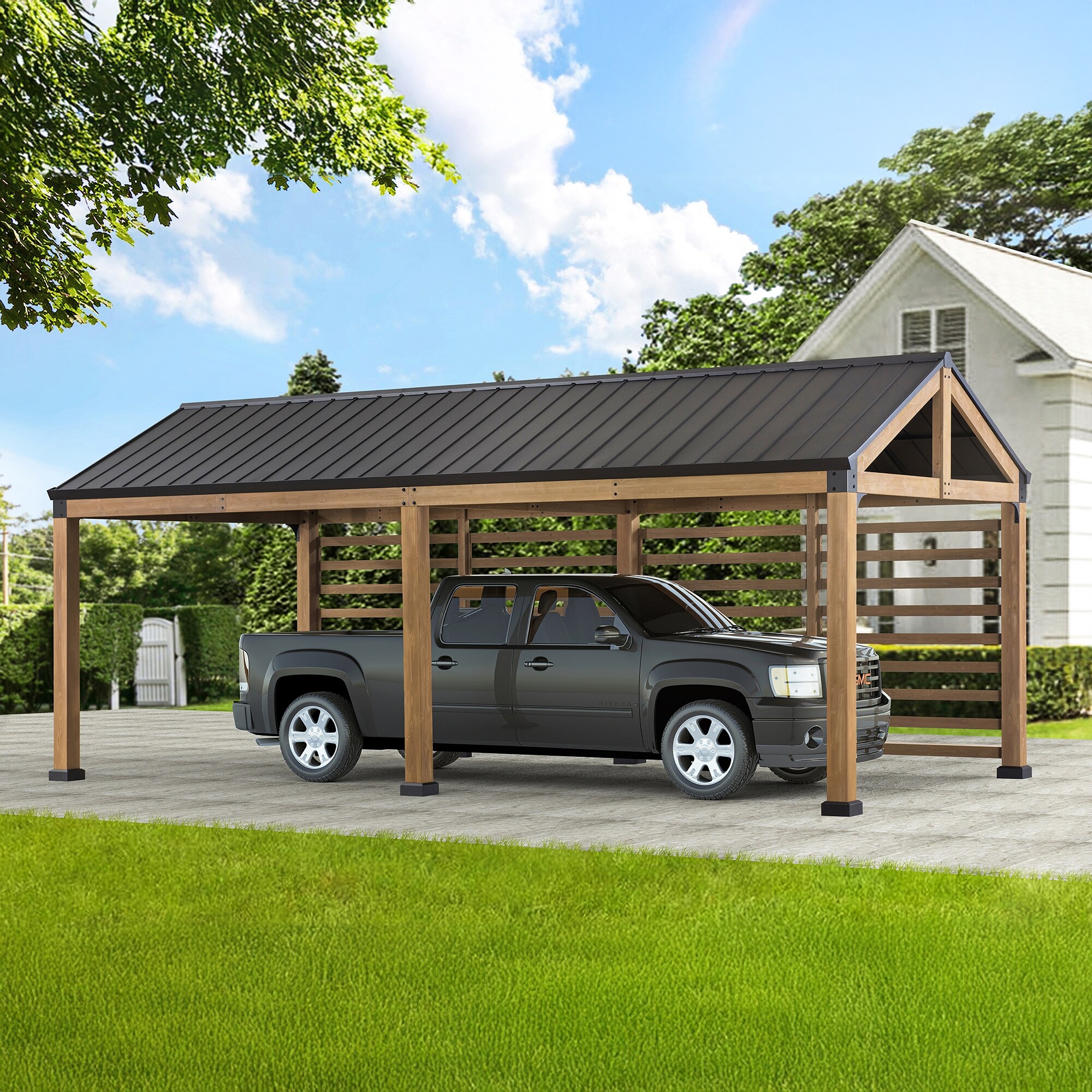 SUNJOY Newville 10.1 ft. x 21.6 ft. FSC Wood Carport - Bed Bath