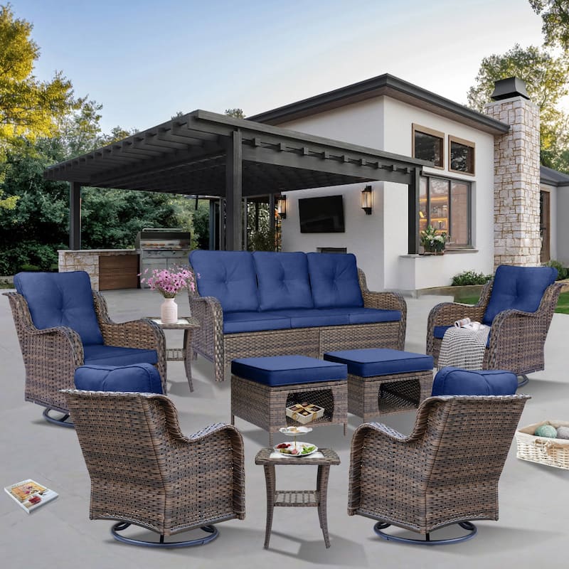 9-piece Wicker Outdoor Patio Furniture Sets with Swivel Rocker Chairs