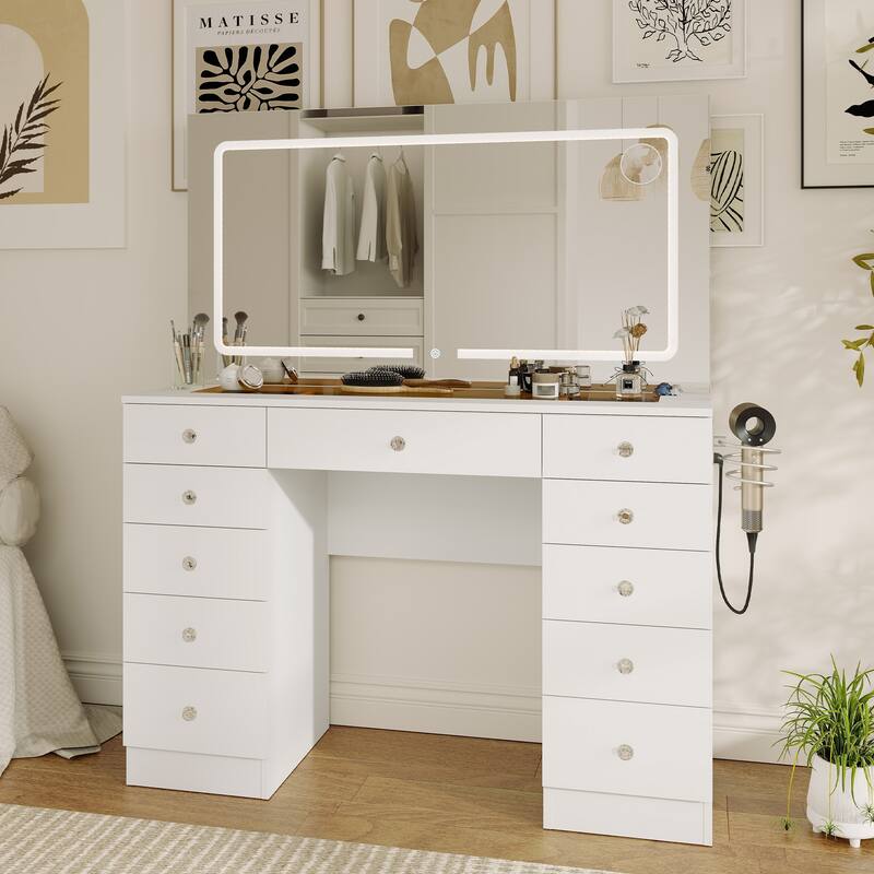 Makeup Desk with Large Mirror & 11-drawer - White