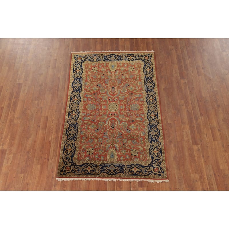 Orange Floral Tabriz Foyer Rug Handmade Wool Carpet - 4'1" x 6'5"