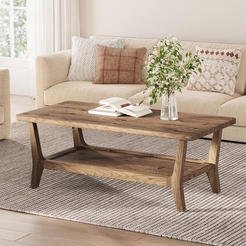 47'' Solid Wood Coffee Table with Open Storage Shelf, Mid-Century Rectangle Center Table