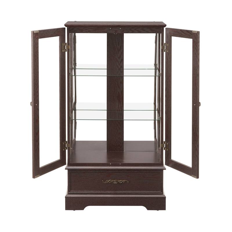 Lighted Glass Display Curio Cabinet with Door, 3 Shelves, Bulb, Drawer