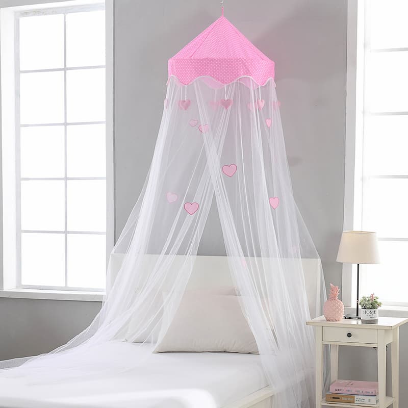 Sweetheart Round Collapsible Pink Heart Hoop Sheer Mosquito Bed Canopy - White/Pink - 23" x 23" x 96"L