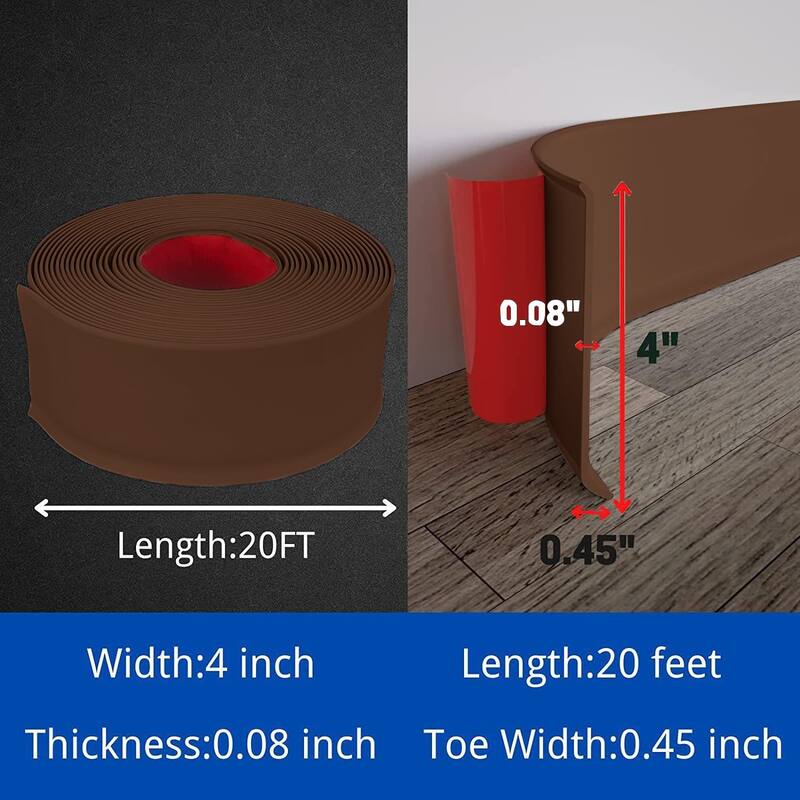 4in x 20ft Self-Adhesive PVC Flexible Baseboard Moulding Trim