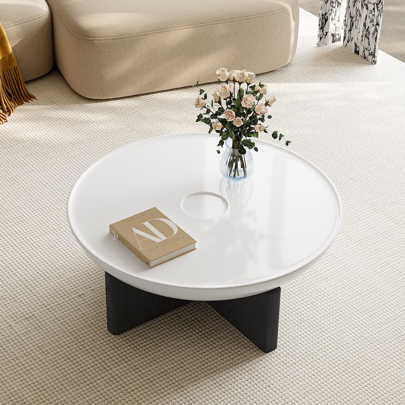35.4" Modern Round Coffee Table - White Tabletop with Black Wood Cross Base, Sturdy Center Table for Living Room