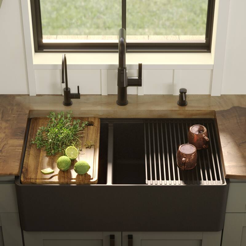 Karran 33" Double Bowl Workstation Fireclay Kitchen Sink with Reversible Fluted Apron Front