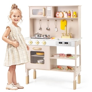 Gymax Height Adjustable Play Kitchen Wooden Kitchen Playset w/ Real