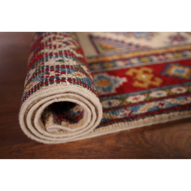 Geometric Kazak Oriental Foyer Rug Hand-Knotted Beige Wool Carpet - 2'9" x 4'3"