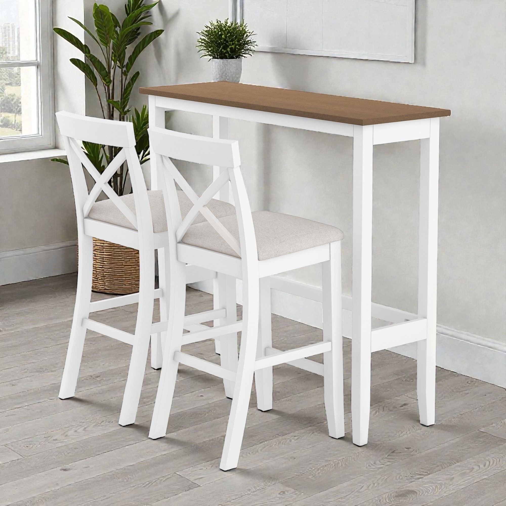 3-Piece Bar Height Dining Table Set for 2, 48 Inch Wood Breakfast Nook Table with Upholstered Chairs, Sofa Table