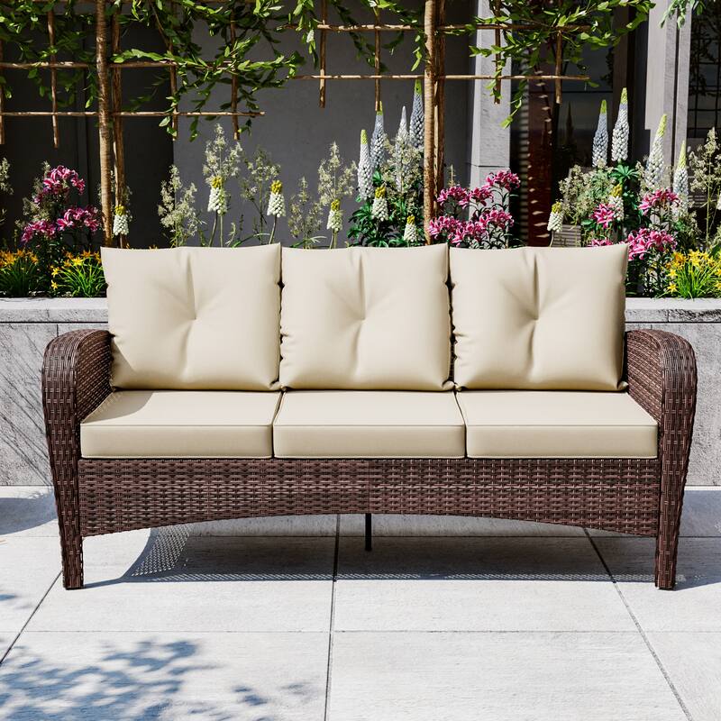 Cozywor 72"Wide 3-Seat Brown Wicker Outdoor Sofa, Couch Patio Sofa with Deep Seating and Thick Cushions, Red