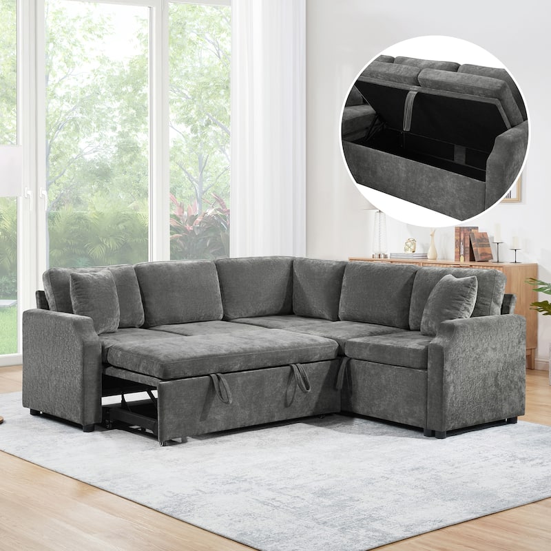 L-Shaped Sectional Upholstered Sleeper Sofa Convertible Pull-out Sofa Bed with Hidden Storage Space, Chenille Fabric - Grey