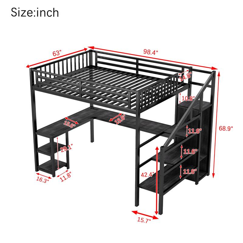 Metal Loft Bed with L-Shaped Desk and USB Port, Heavy Duty Bed Frame with Wardrobe and LED Lights