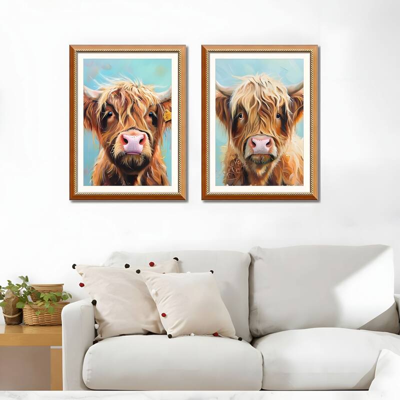 Set of 2 Highland Cow Framed Wall Art - Replaceable Canvas Prints with Solid Wood Picture Frames, Farmhouse Animal Wall Decor