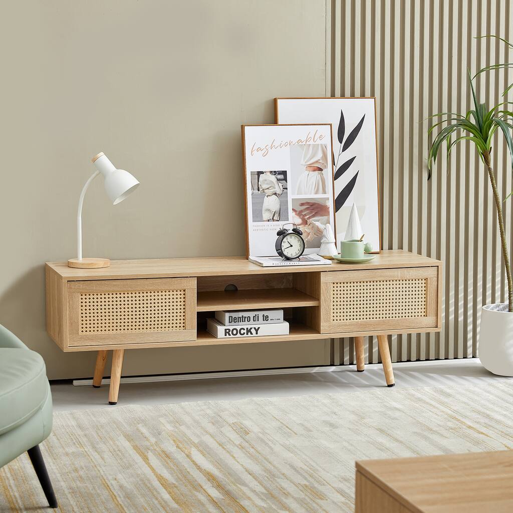 Natural 55.12" TV Stand with Double Sliding Doors, Solid Wood Legs and Adjustable Shelf for Living Room