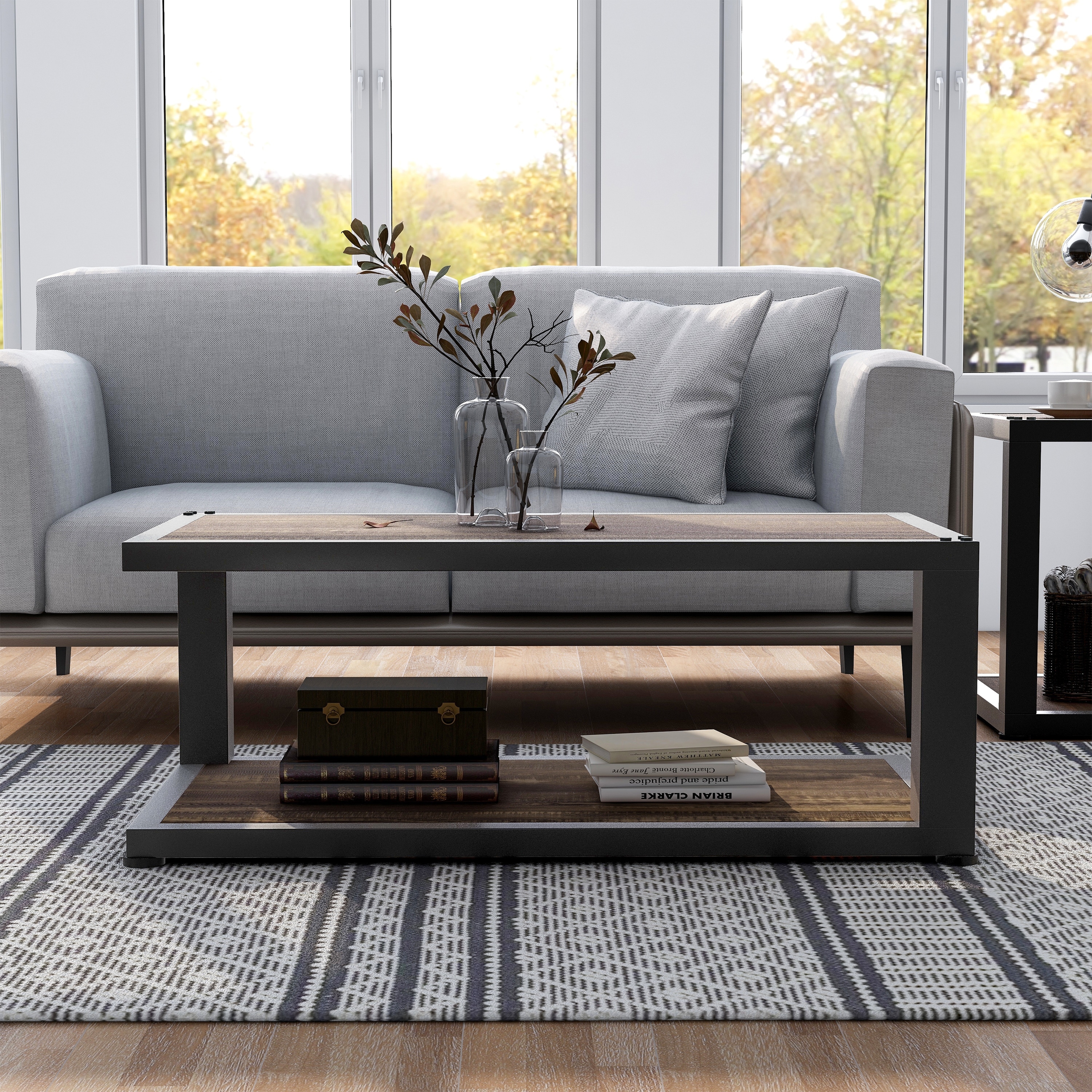 Furniture of America Farrow Dark Walnut and Sand Black 47-inch 1-Shelf Coffee Table