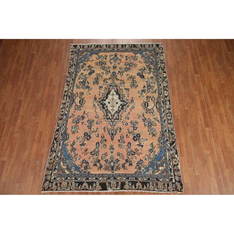 Hand Knotted Oriental 100% Wool Carpet Traditional Floral Peach Hamedan Area Rug - 8' 8'' X 5' 8''