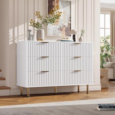 Fluted 6 Drawer Dresser, Modern Wide Chest with Deep Drawers, Wooden Storage Organizer for Living Room, Hallway