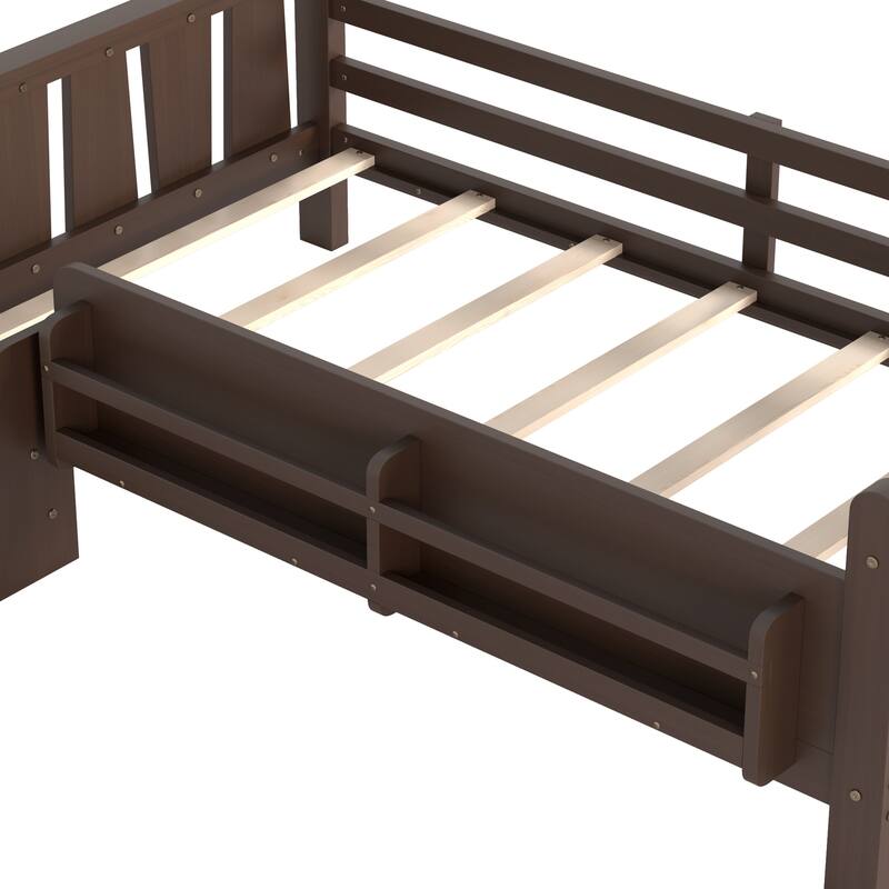 Full/Twin Floor Bed with Storage Bookcases & Cute Stairs - Solid Wood Kids Bed, No Box Spring