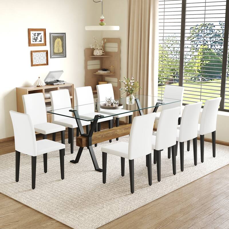 79" Dining Table Set for 10, Tempered Glass Kitchen & Dining Table with 10 Dining Chairs, Modern 11 Piece Family Dining Set