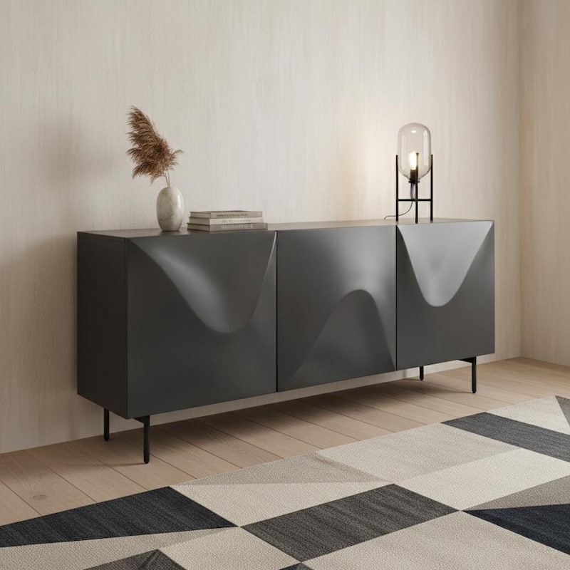 HomeRoots 71" Dark Gray Wood Carved Abstract Sideboard With Three Doors - 71.00 in. x 30.00 in. x 20.00 in. - 71.00 in. x 30.00 in.  x 20.00 in.