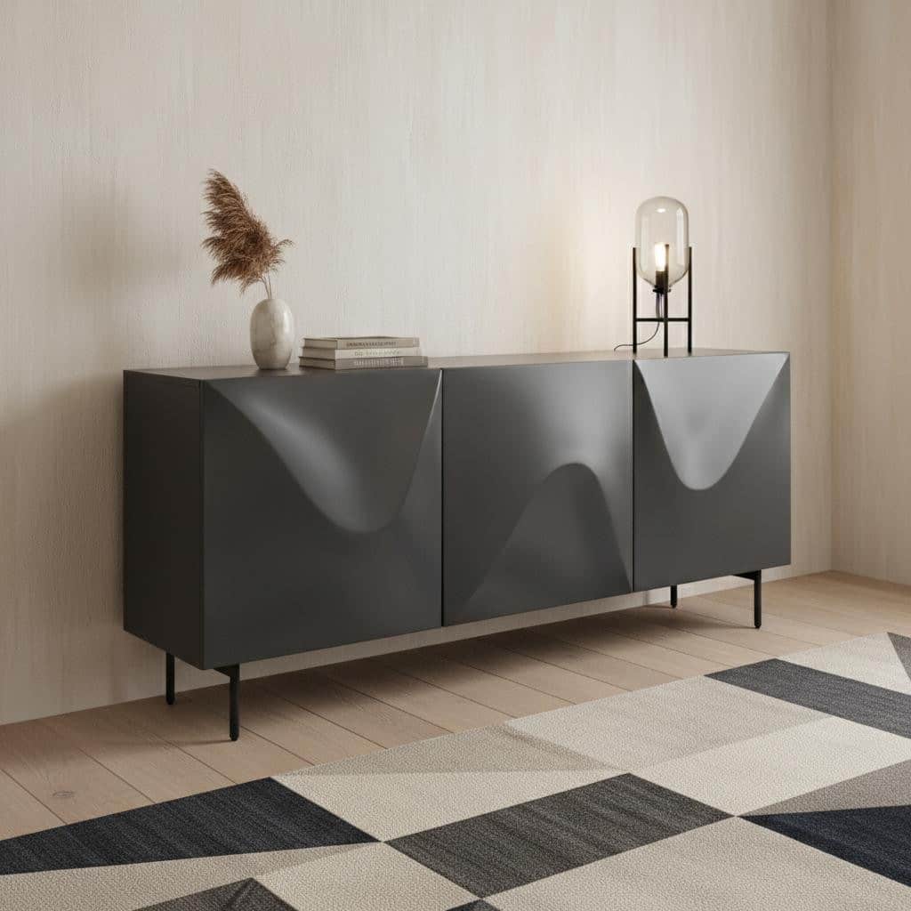 HomeRoots 71" Dark Gray Wood Carved Abstract Sideboard With Three Doors - 71.00 in. x 30.00 in. x 20.00 in.