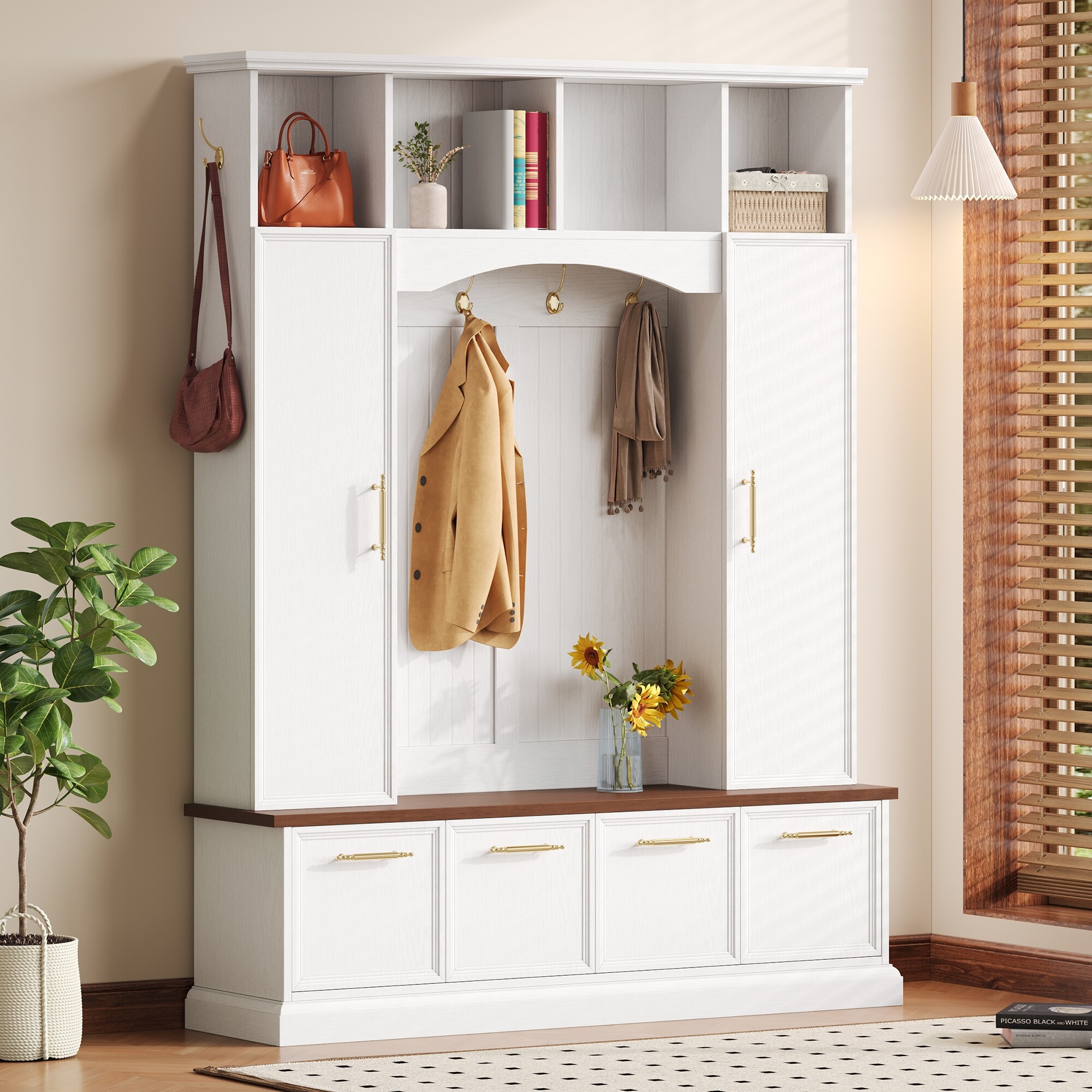 4-IN-1 59"W Hall Tree with Hooks & Handles, Practical Entryway Bench with Adjustable Shelves, 76.7"H Wooden Coat & Shoe Rack