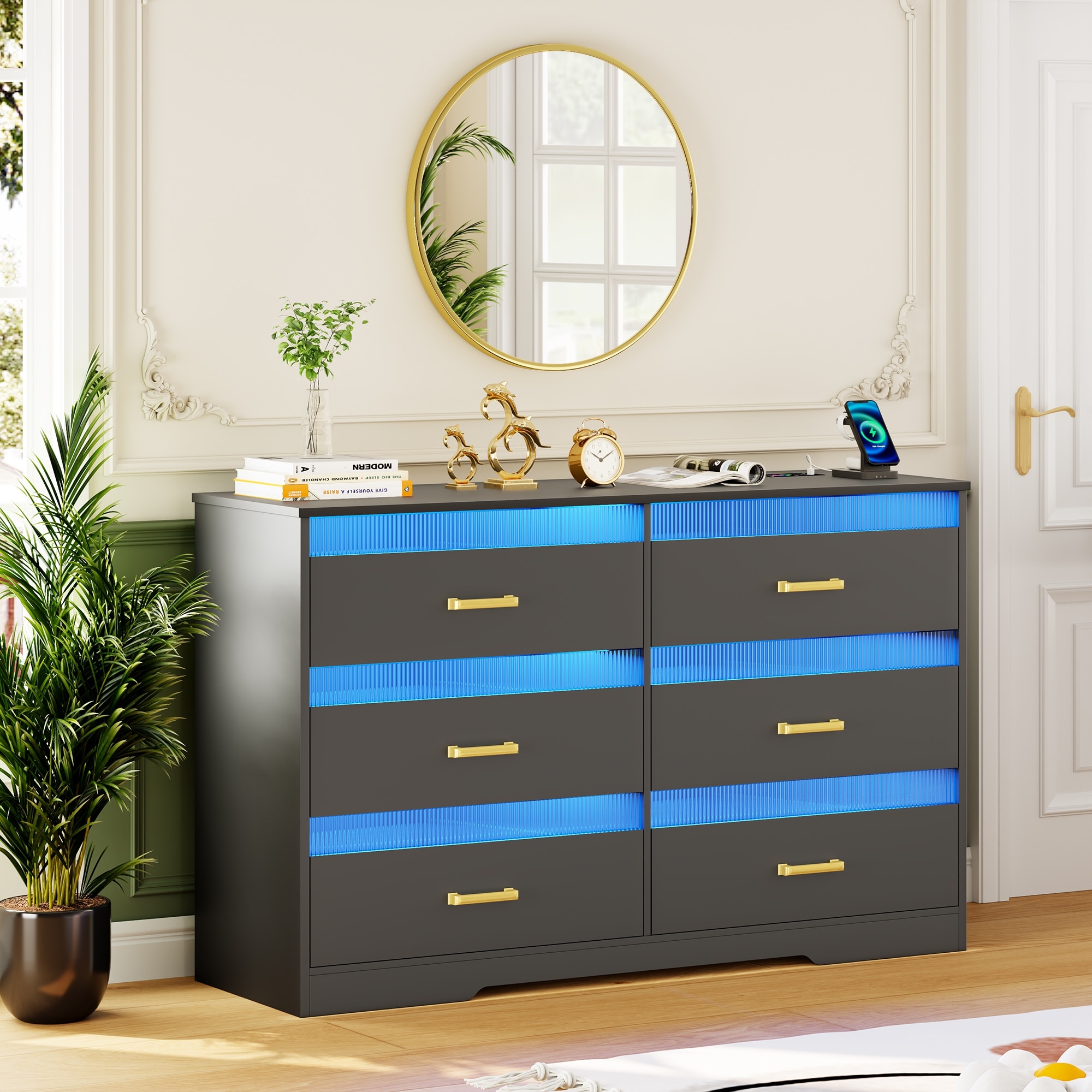 6 Drawers Dresser With LED Light and USB Port - Overstock - 40266907