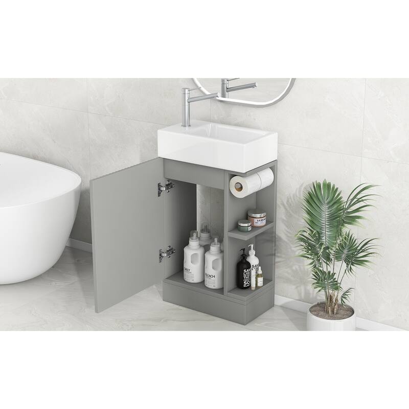 Grey 18.6" Bathroom Vanity with Undermount Sink, Two-Tier Shelf, Cabinet, and Toilet Paper Holder, Left or Right Install