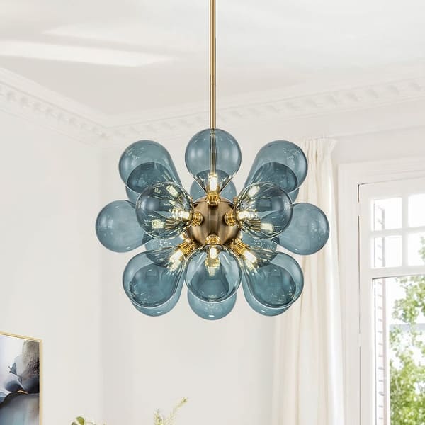 slide 2 of 58, 18-Light Cluster Blue Glass Bubble Chandelier - 25in Wide Gold