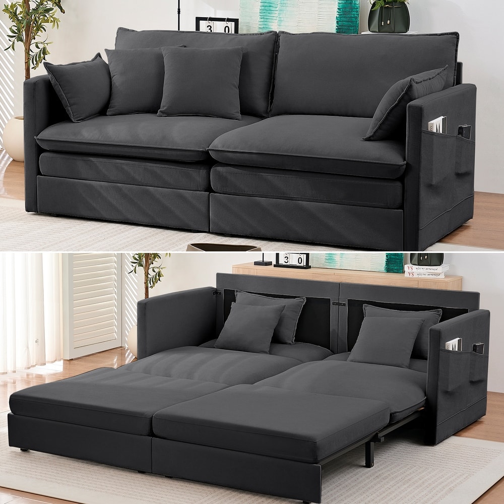Mixoy 77.95'' lce Velvet 3-in-1 Convertible Loveseat Sleeper Sofa Bed with Side Pockets,Pull Out into Chaise Lounge/Sleeper Bed