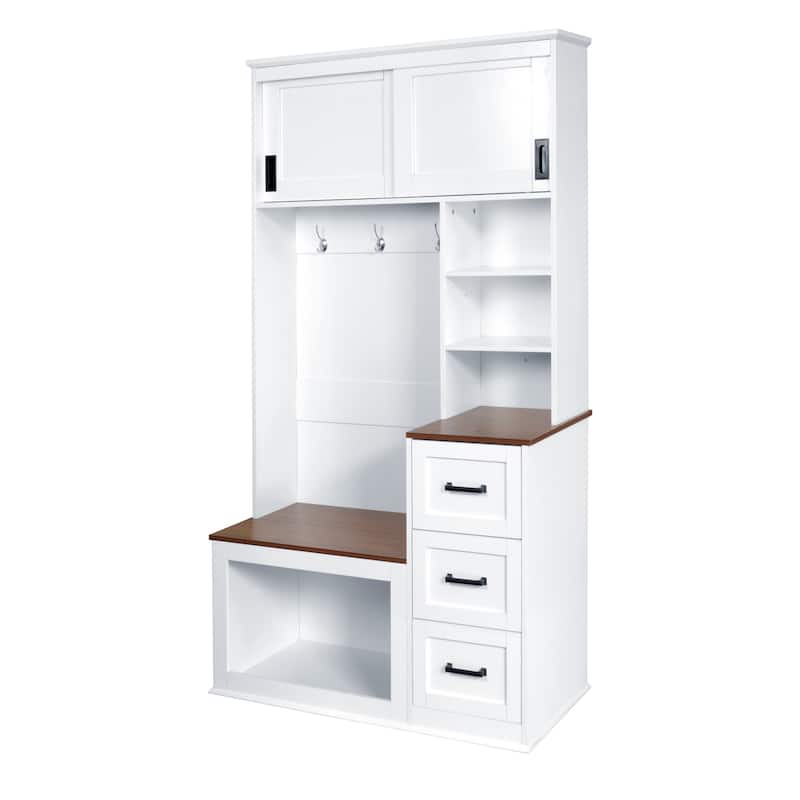 40.2" Wide Hall Tree with Storage Bench for Hallway, Entryway Bench with Coat Rack, 3 Shelves and Drawers, 3 Sturdy Hooks