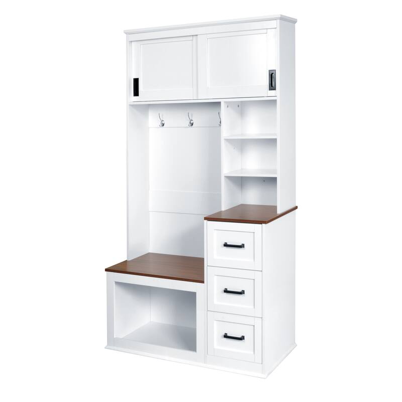 Modern Entryway Bench with Coat Rack, 3 Shelves, Drawers, 3 Hooks, and Storage