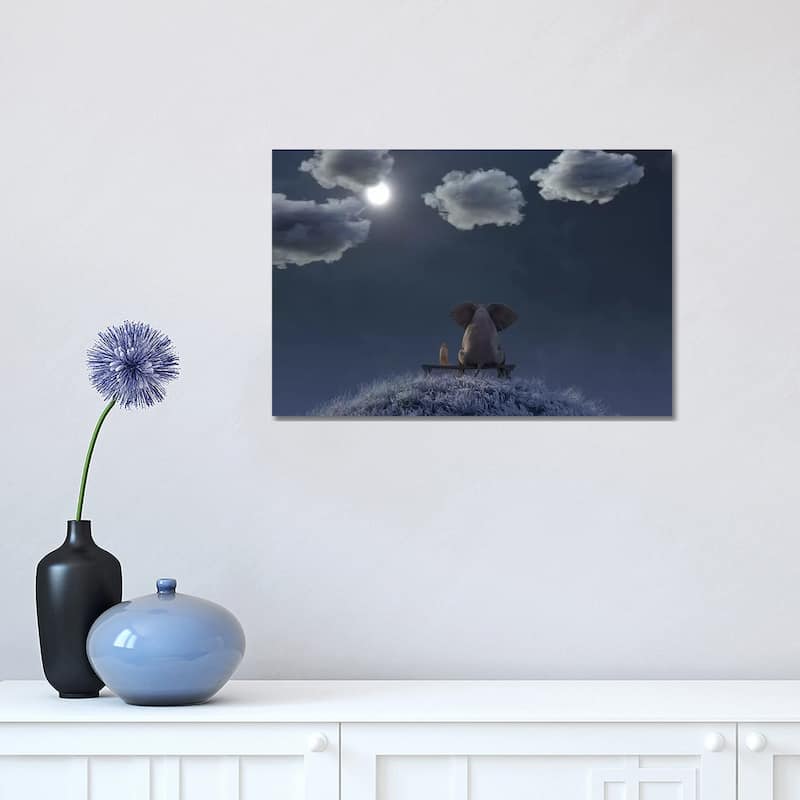 iCanvas "Elephant And Dog Are Sitting On A Meadow On A Moonlit Night" by Mike Kiev Canvas Print - 12x18x1.5