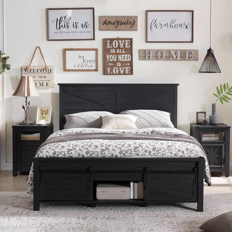 Farmhouse Full size Wood Bed Frame with Sliding Barn Door storage - Black