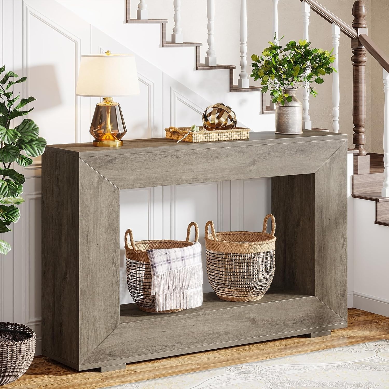 47" Farmhouse Console Table with Storage Grey Wood Grain Finish