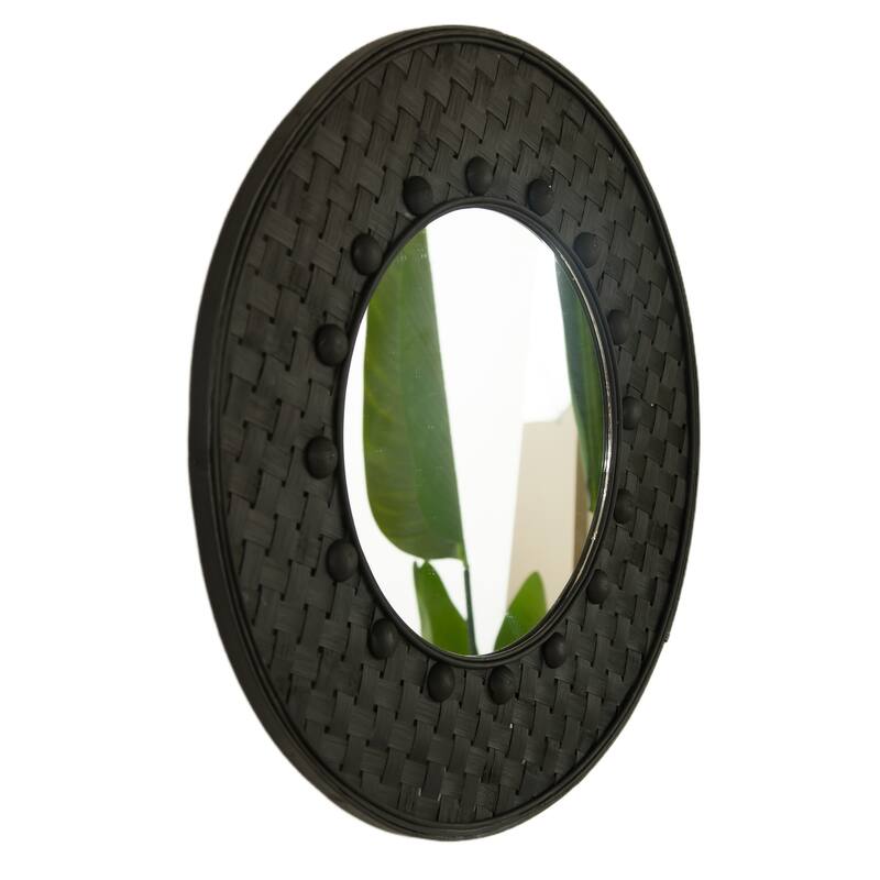 Solea Hand-Woven Black Bamboo Circle Mirror - Wall-Hanging, Bathroom, Bedroom - Black,Silver