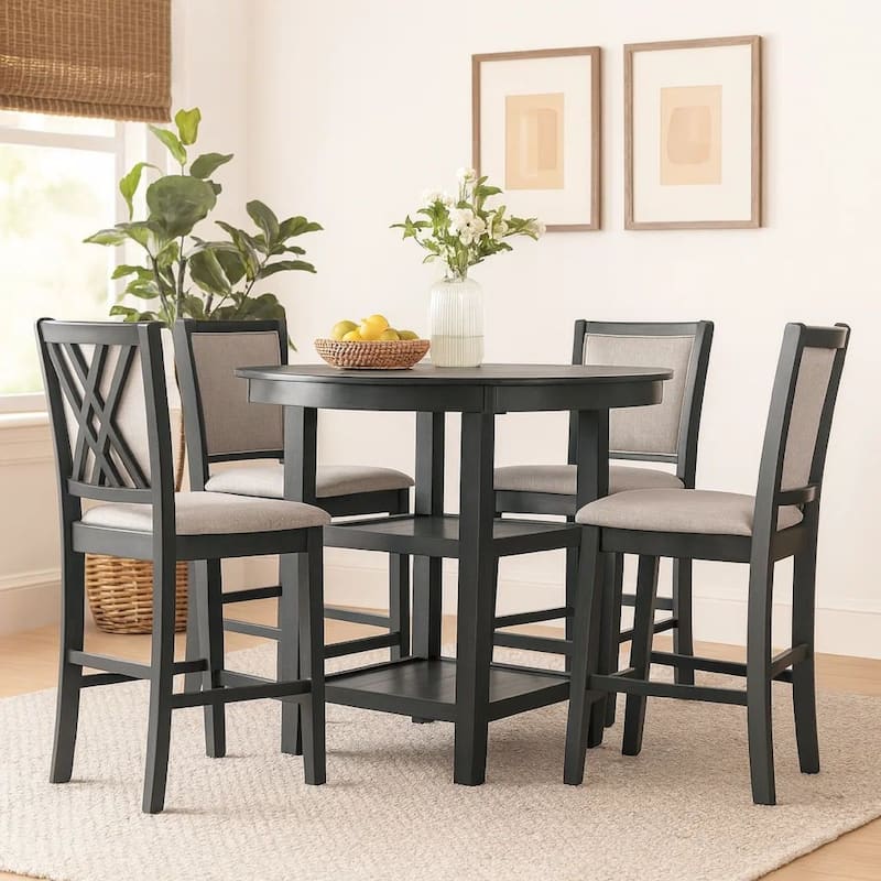 Isla 5 Piece Counter Height Table Set, 4 Crossback Chairs, Gray Polyester