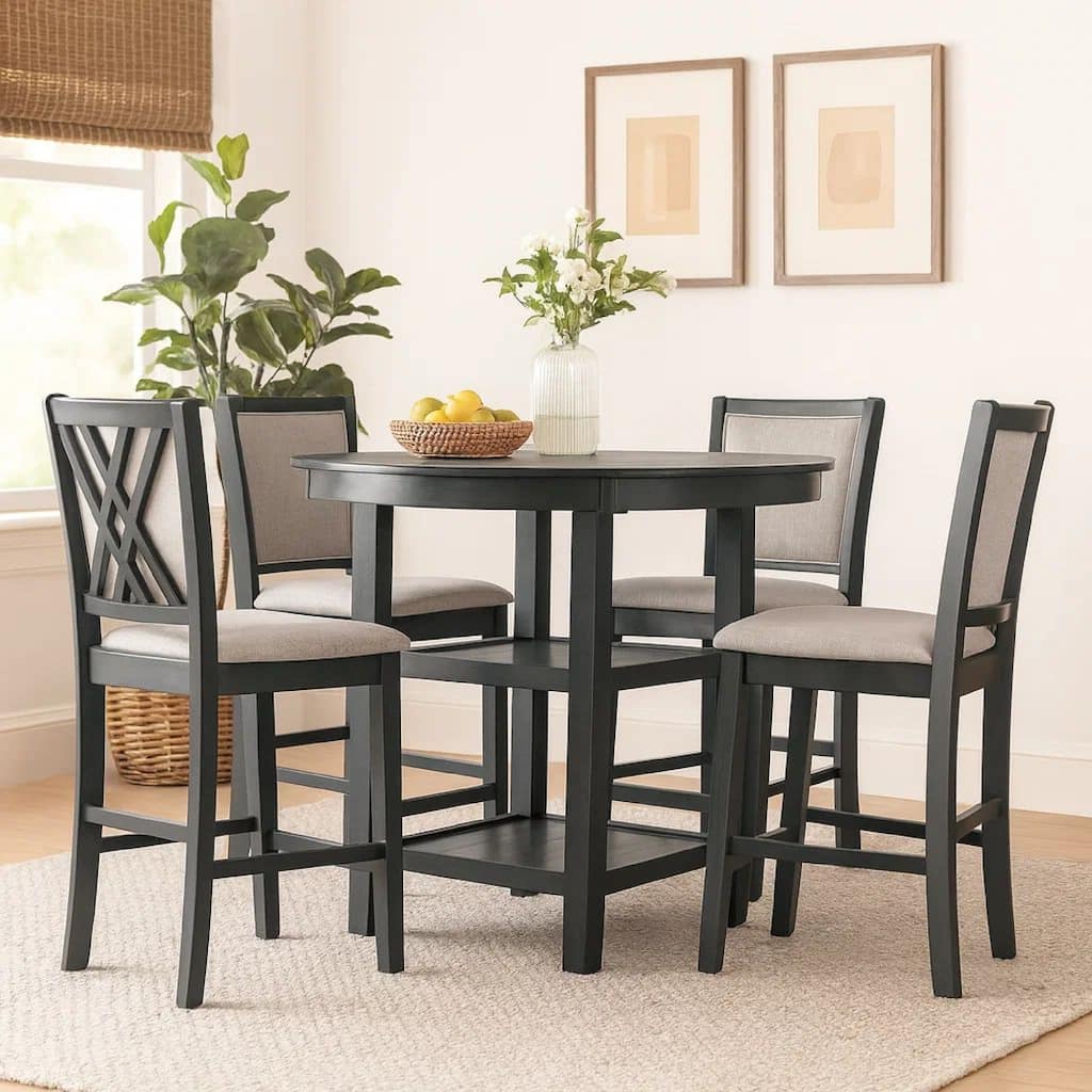 Isla 5 Piece Counter Height Table Set, 4 Crossback Chairs, Gray Polyester