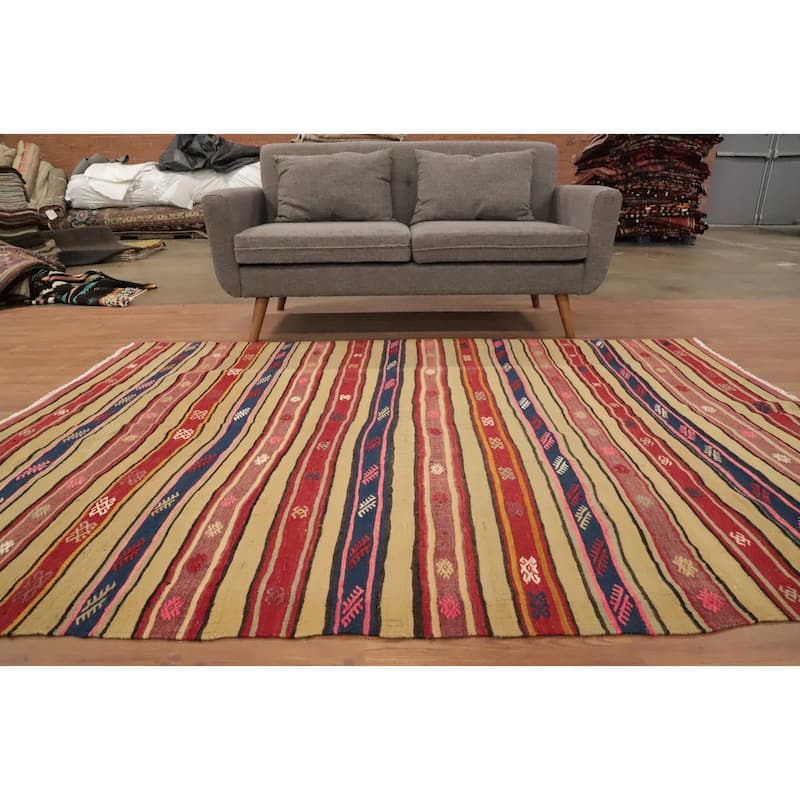 Hand Woven Oriental 100% Wool Carpet Southwestern Tribal Multi-Colored Kilim Area Rug - 7' 11'' X 5' 7''