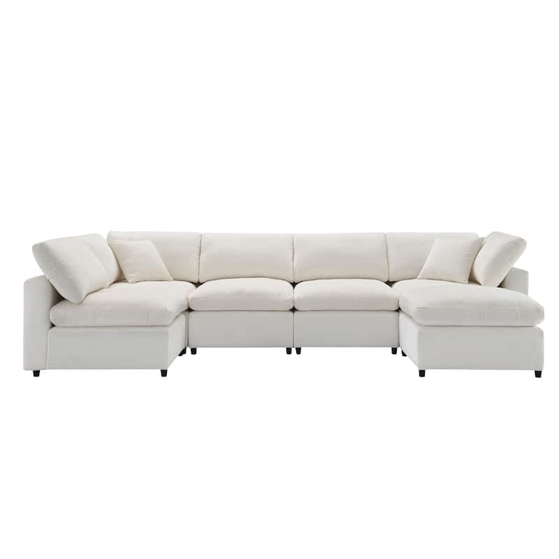 Beige 130" Chenille Cloud Upholstered Modular U-Shaped Sleeper Sectional Sofa, 6-Piece Free Combination with Removable Ottoman