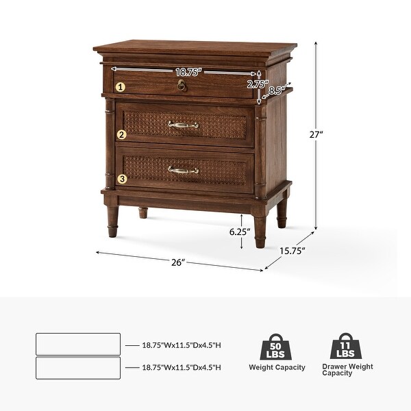 Nina Transitional Solid Wood 3-Drawer Nightstand with Woven