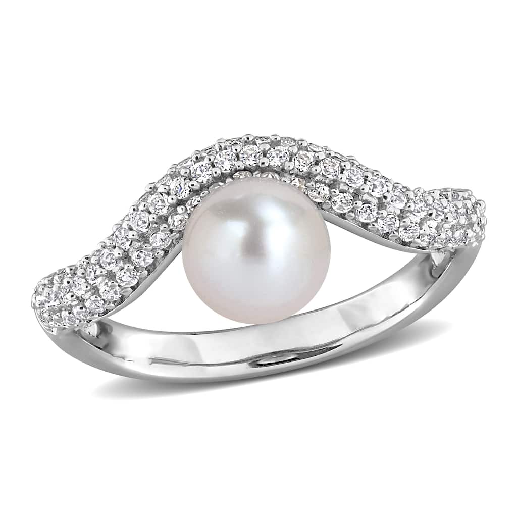 Miadora Cultured Freshwater Pearl 3/8ct TGW White Topaz Ring Sterling Silver