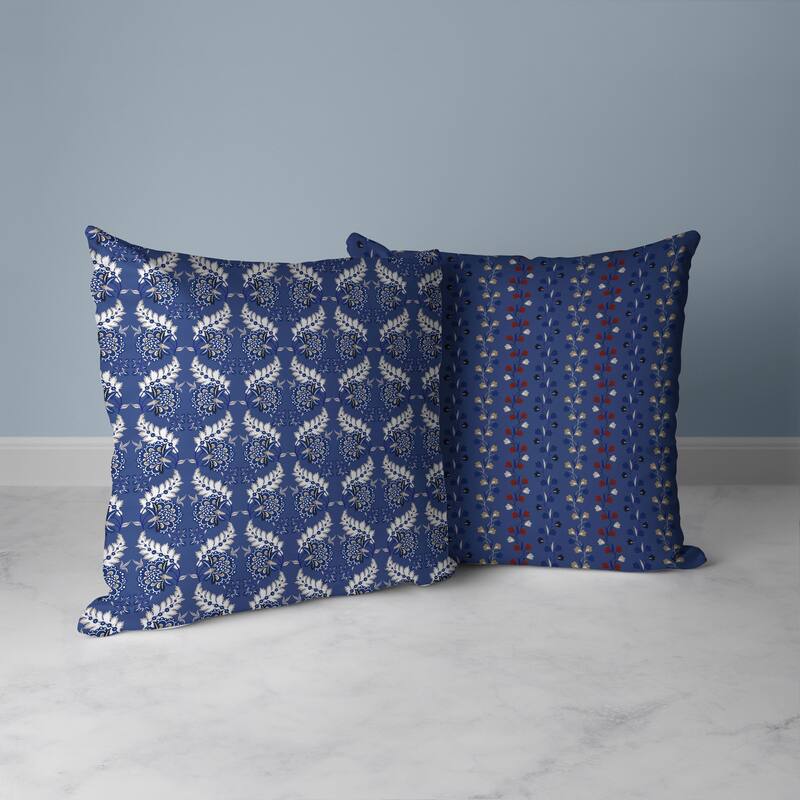 Botanical Bouquet Faux Suede Reversible Throw Pillow Blue and White