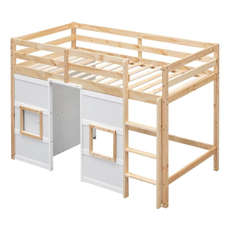 Twin Size Wood Loft Bed with Built-in Storage Wardrobe and Guardrails