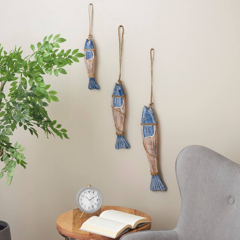 Blue Wood Handmade Fish Home Wall Decor with Wrapped Jute Hanging Rope (Set of 3) - Blue