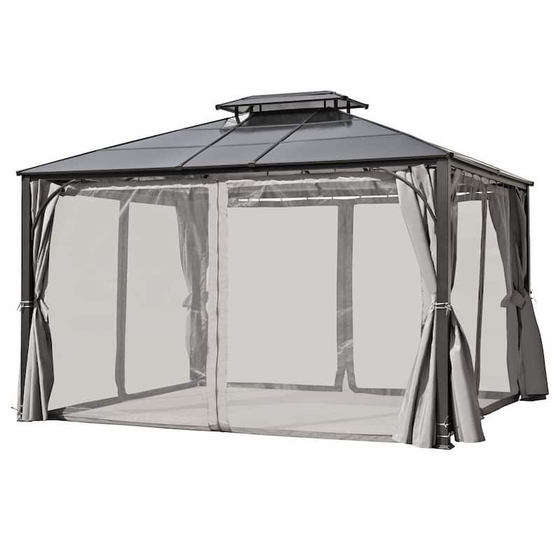 10'x12' Hardtop Outdoor Gazebo with Netting and Curtains for Patio or Backyard