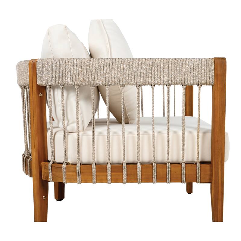 3 Pcs Set Acacia Wood Outdoor Club Chair with Handwoven Rope Accents & Curved Backrest Chair with Removable Cushions
