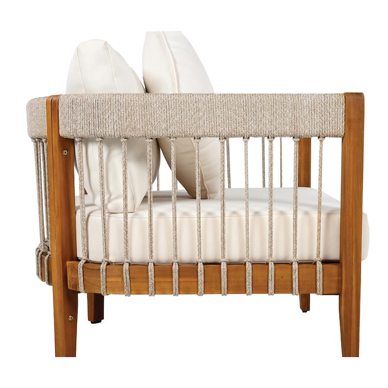 Roomfitters 3-Piece Outdoor Club Chair Set with Acacia Wood Frame, Handwoven Rope Accents, Removable Cushions and Side Table
