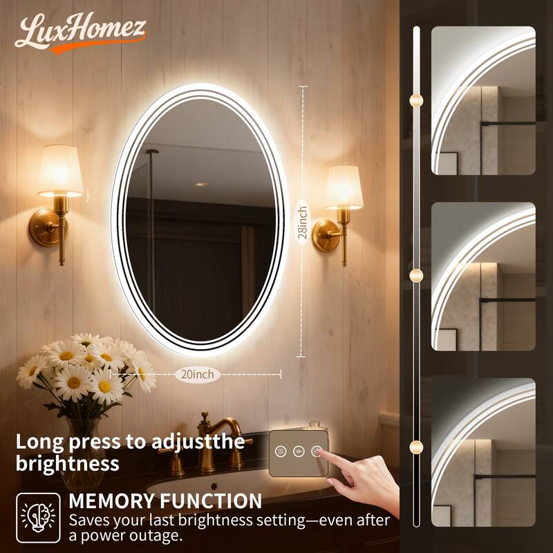 UL Certified Oval LED Bathroom wall Mirror, Anti-fog, 3-Color Dimmable