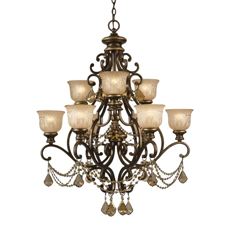 Norwalk 9 Light Golden Teak Swarovski Strass Chandelier - 34'' W x 41.25'' H - 34'' W x 41.25'' H